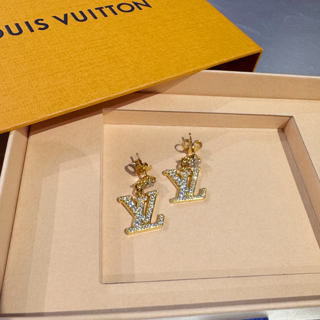 99新 LouisVuitton/路易威登 lv金色经典款满钻logo耳钉耳坠经典