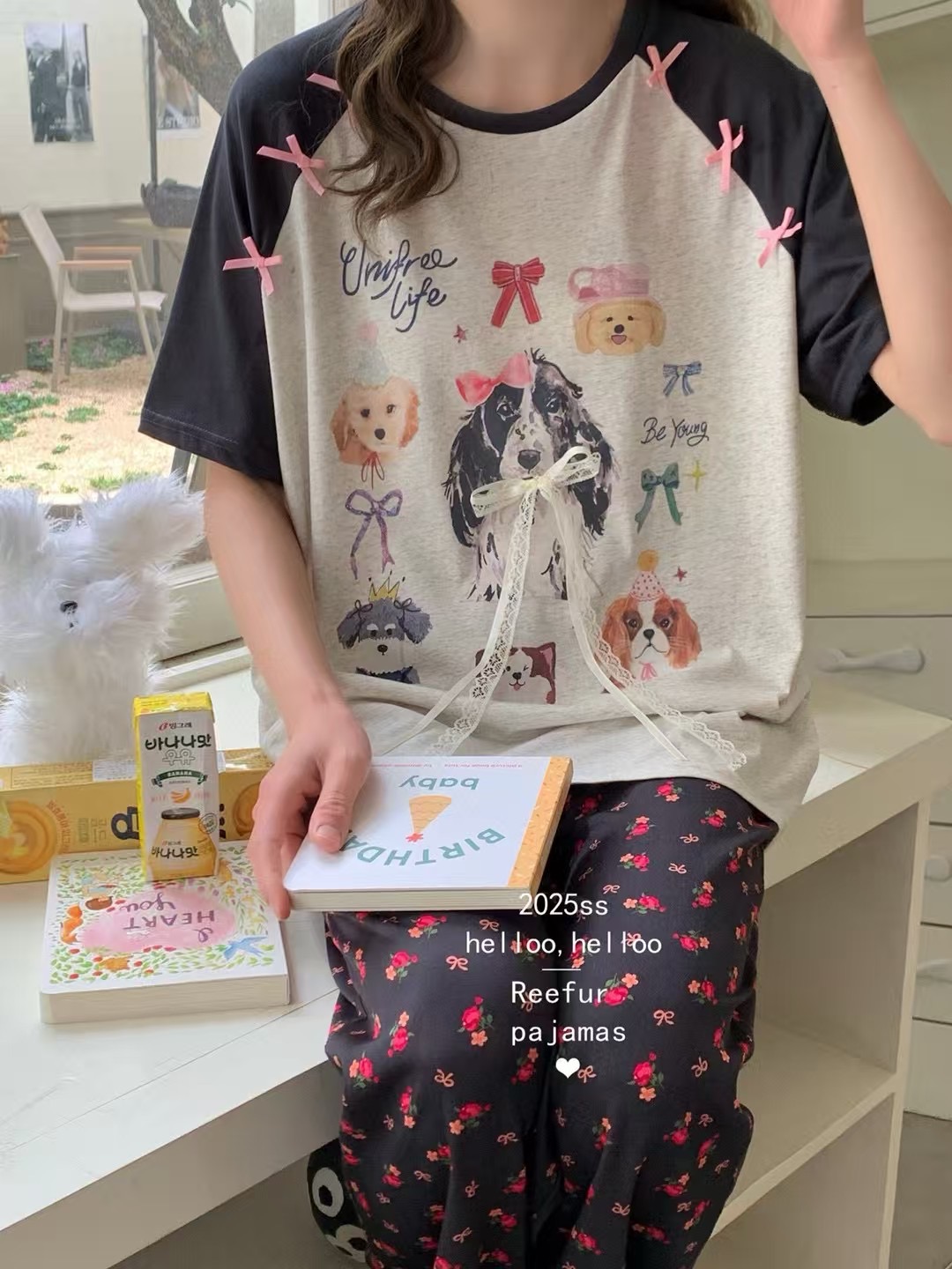 梨花家 夏季新款半袖长裤纯棉休闲宽松卡通印花家久服睡衣