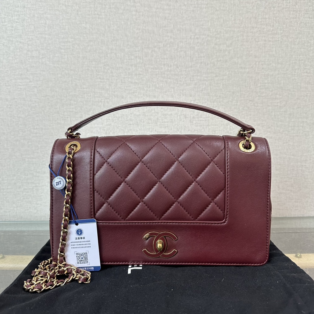 95新 Chanel/香奈儿 酒红色金色珐琅扣单肩斜挎包 16200