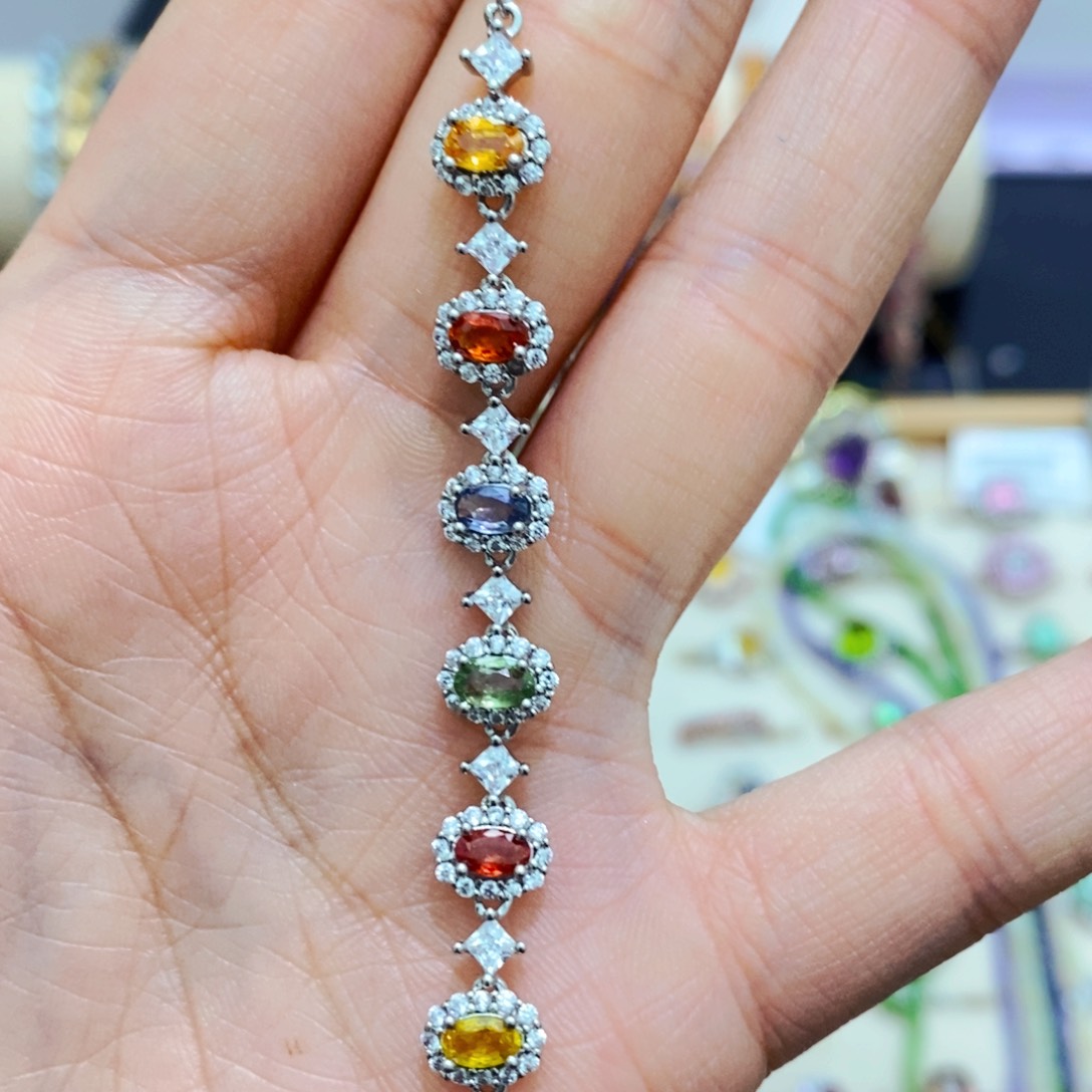 彩色蓝宝石手链银S925镶嵌