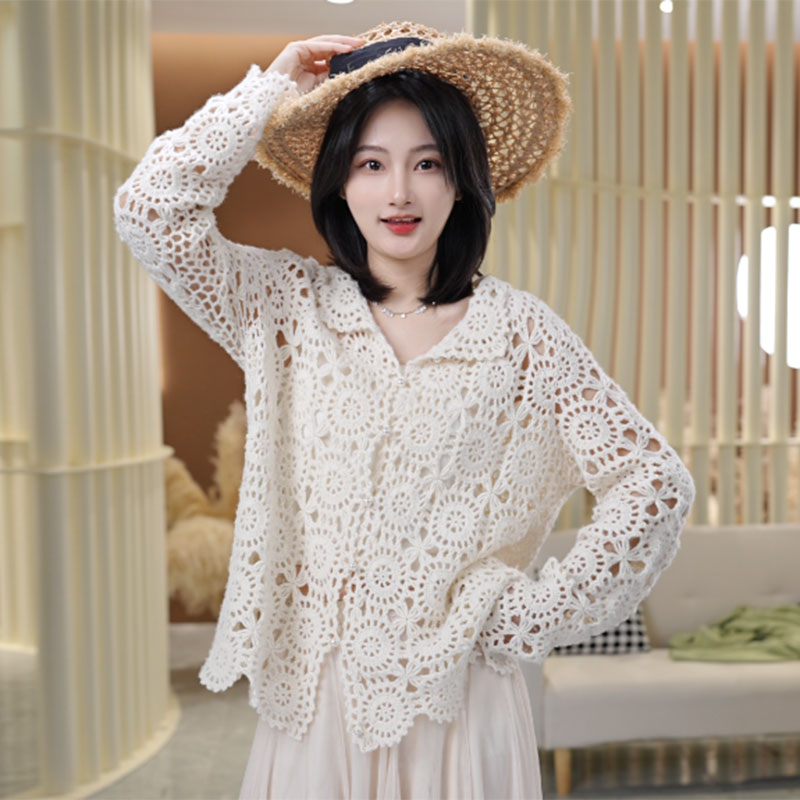 【山羊绒】设计款轻奢高端重工纯手工钩花镂空长袖羊绒开衫1001