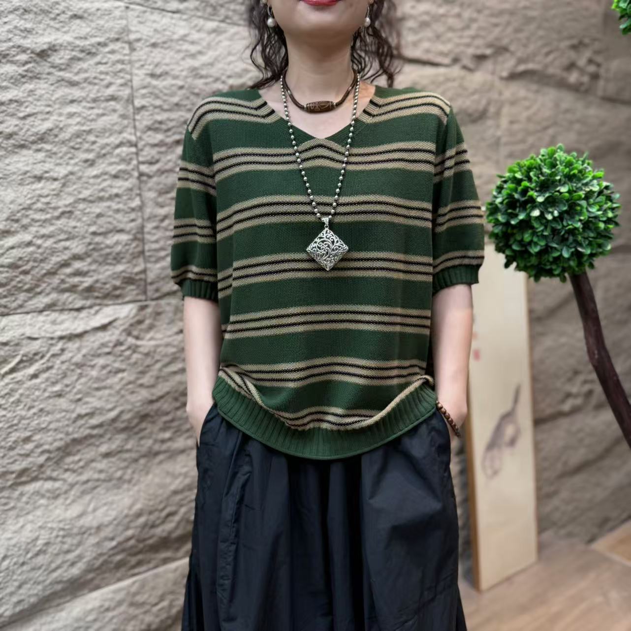 10254新款春秋休闲减龄简约碎花遮针织百搭T恤