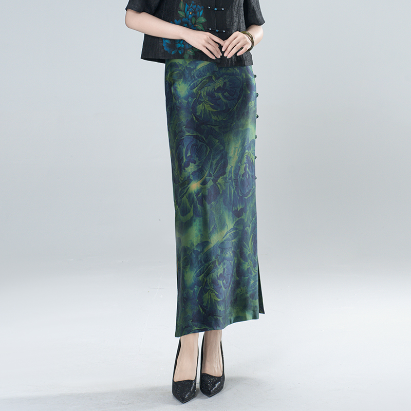 香云纱【烁霞】重缎印花修身时尚百搭气质包臀半身裙---50603