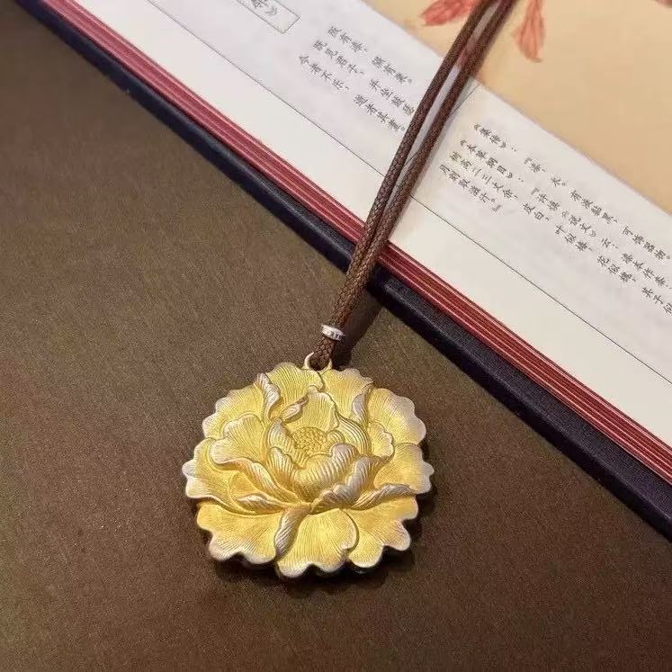 999.9银【牡丹花吊坠】描金国风吊坠