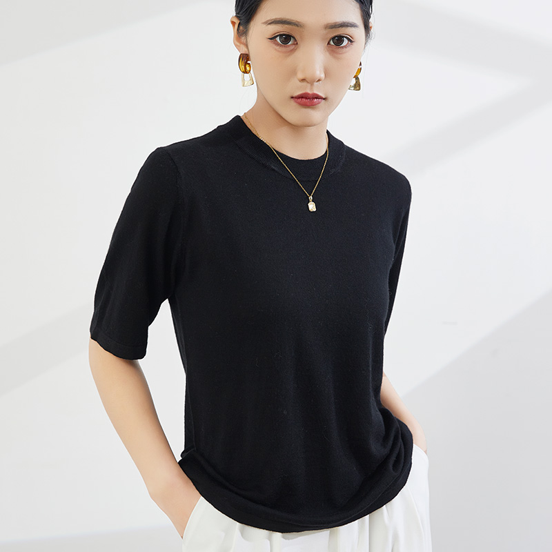 扬子纱80支圆领精纺半袖女士纯羊毛针织短袖夏季新款纯色T恤