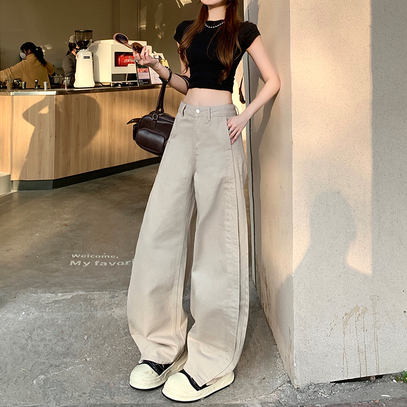 浅色设计感弯刀牛仔裤女2025年早秋新款高腰显瘦宽松百搭阔腿裤子