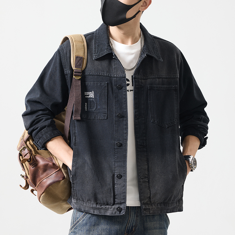 2025秋冬新款男装牛仔外套重工刺绣黑灰色立体刺绣夹克上衣服百搭