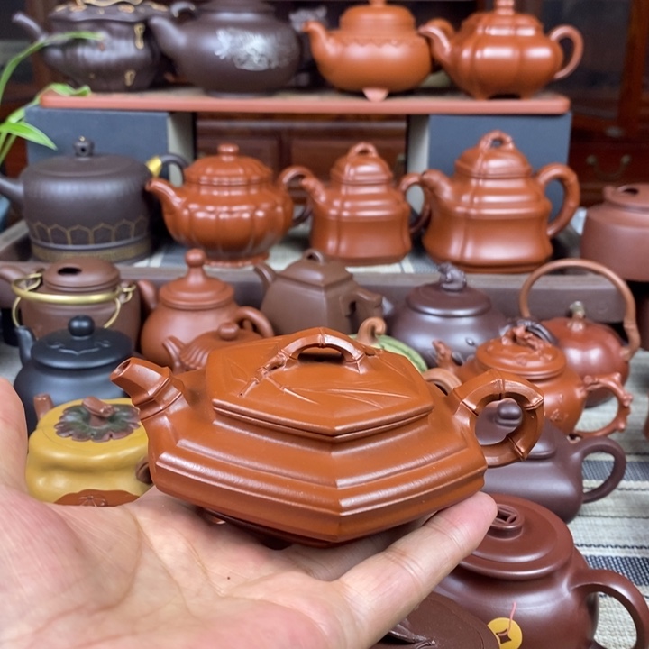 茶壶紫砂六方扁竹150cc原矿赵庄朱泥特价