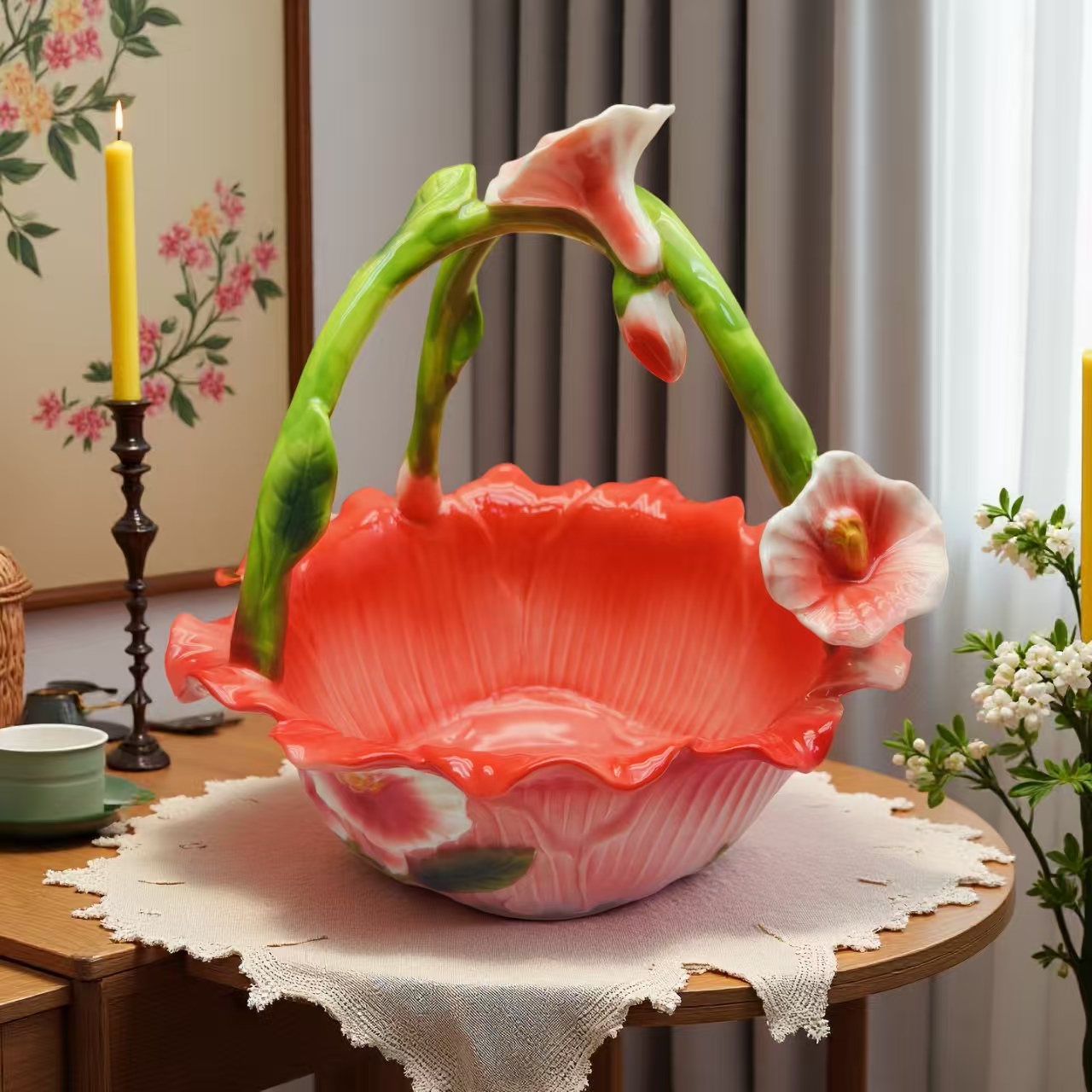 珐琅瓷釉下彩小号红玫瑰花欧式果篮果盘