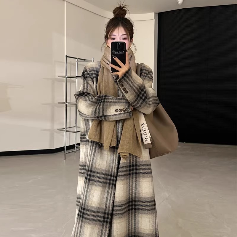 韩系长毛大码复古羊格子单面新款显瘦毛呢大衣秋冬高级感时尚百搭