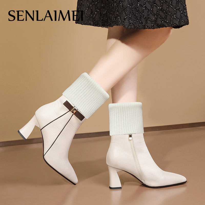 3712冬季新款牛皮34/40尖头毛线筒短靴显瘦百搭中筒高跟时装靴子