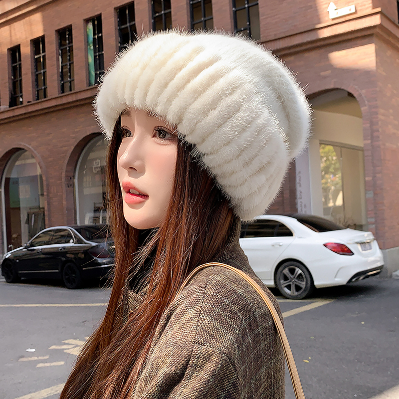 【水貂堆堆帽】水貂毛 兔毛混纺针织堆堆帽 百搭绒韩版显脸小