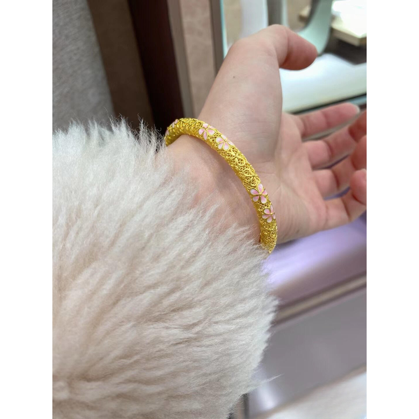 足银珐琅手镯 金包了银樱花镂空珐琅手镯【】