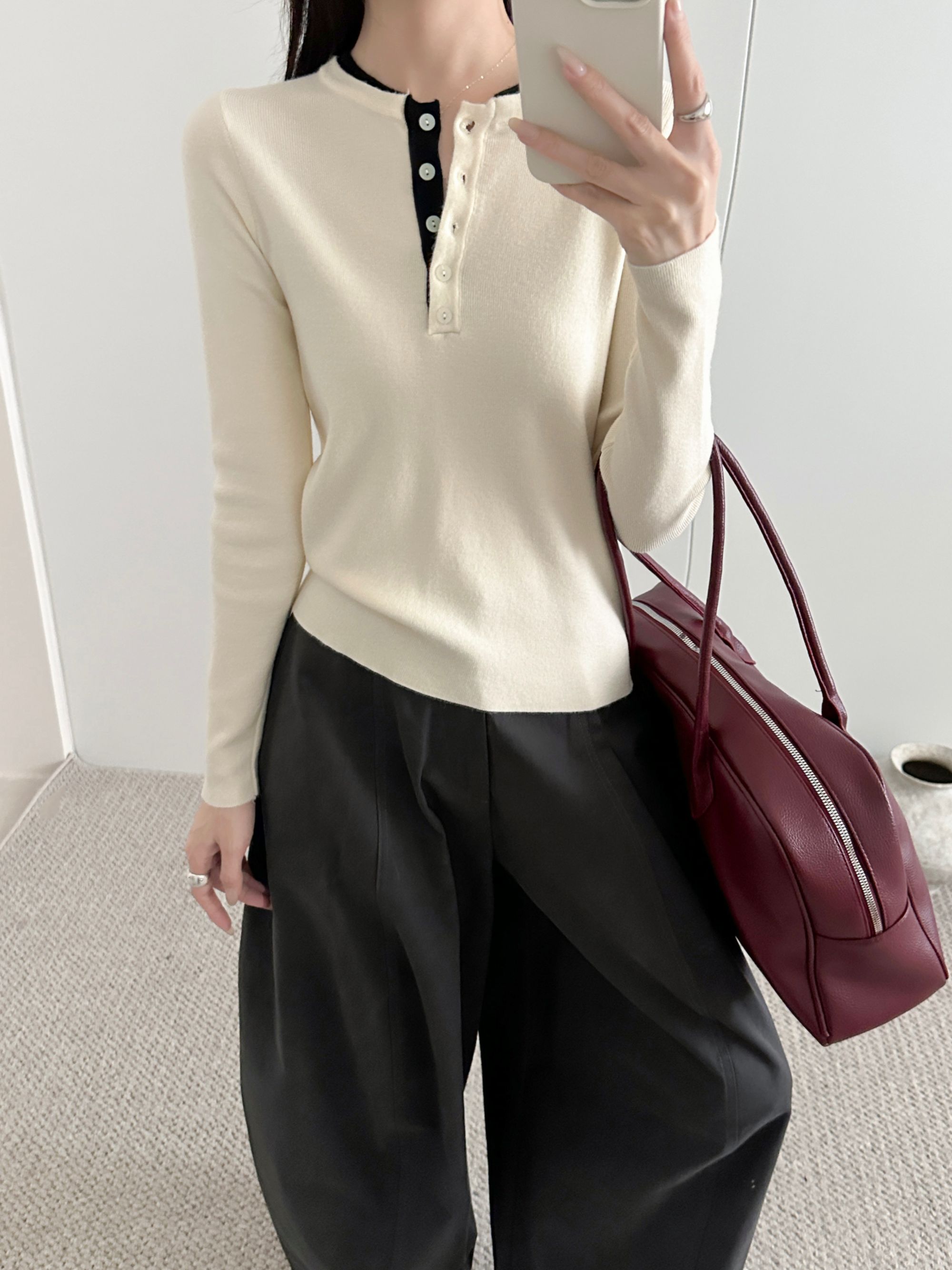 假两件针织衫外穿亨利领撞色长袖正肩打底衫女内搭秋冬季保暖上衣