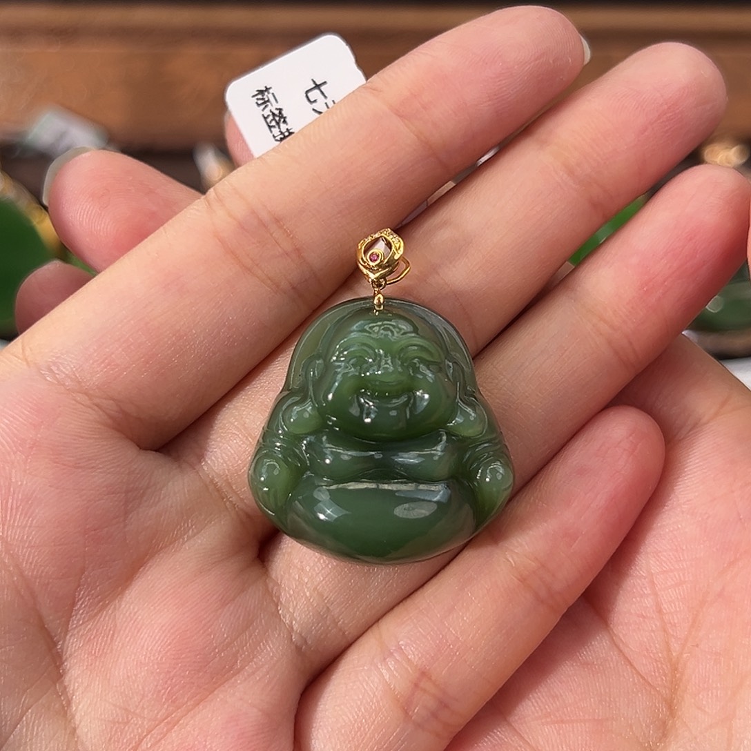 绝***鸾和田玉（碧玉）18K金镶嵌吊坠(不含链)
