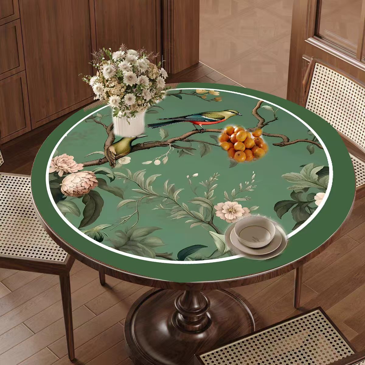 中古风复古花鸟圆桌餐桌垫圆形茶几垫2025新款