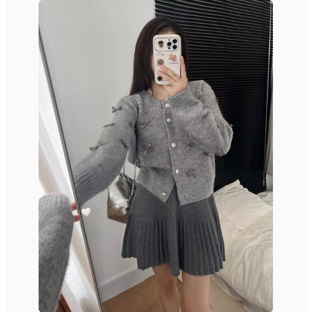 【大码】313小香风圆领针织开衫外套女设计感蝴蝶结甜美气质上衣