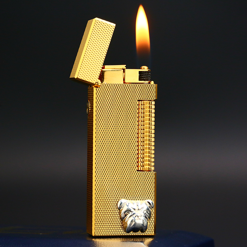 d家充气打火机镀金小麦穗纹镶纯银狗头常规款高档男士时尚个性