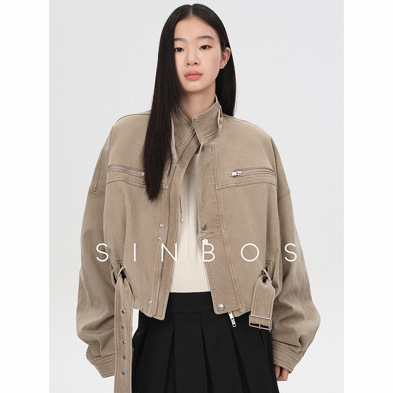 SINBOS美式特调 复古工装风小立领短款机车夹克外套女2025秋新款