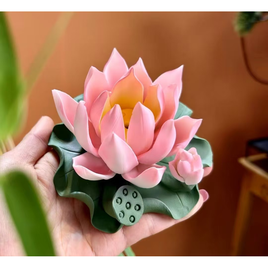 荷韵莲连--手捏陶瓷莲花香插樱粉荷花