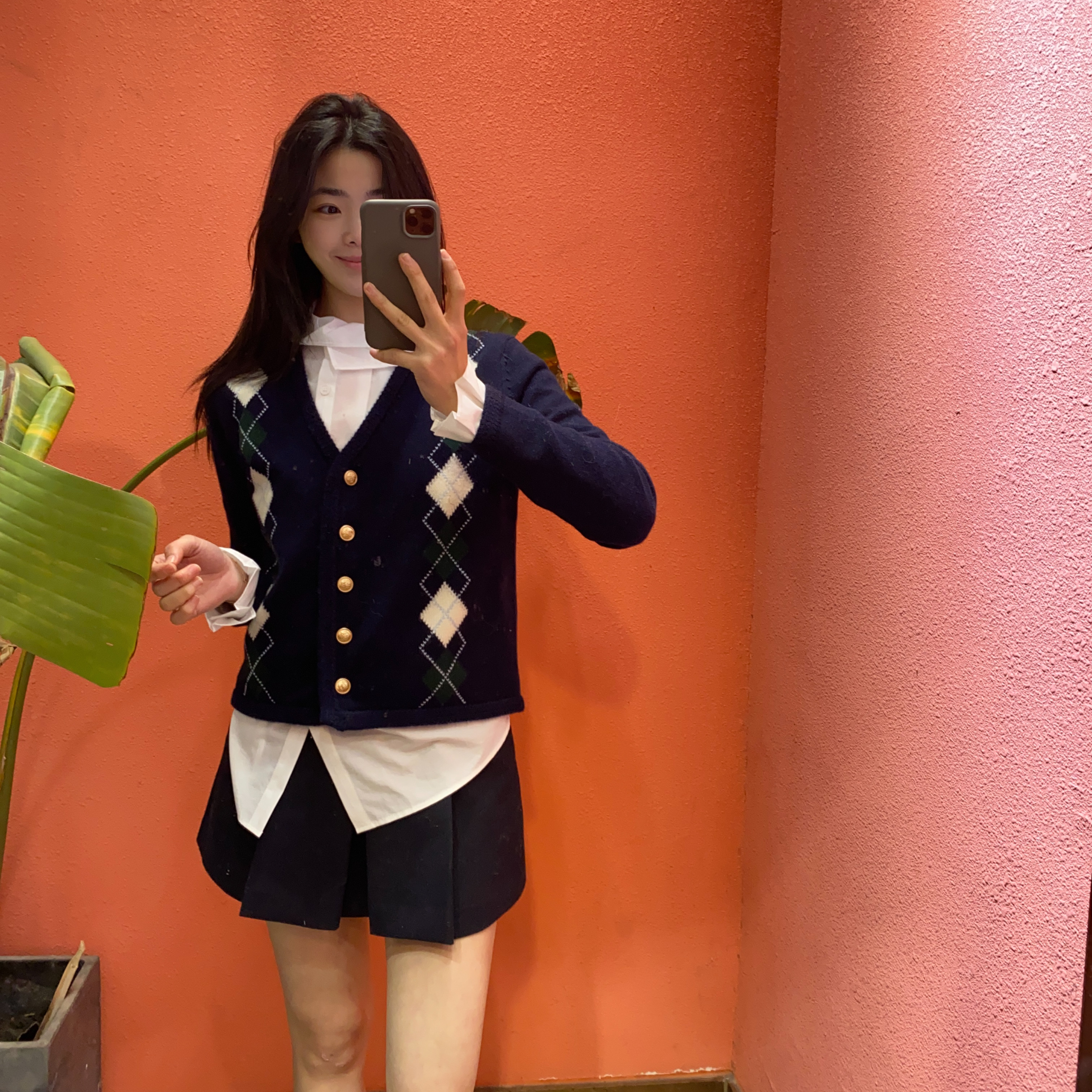 （默茗服装）白绿菱格学院风针织马甲