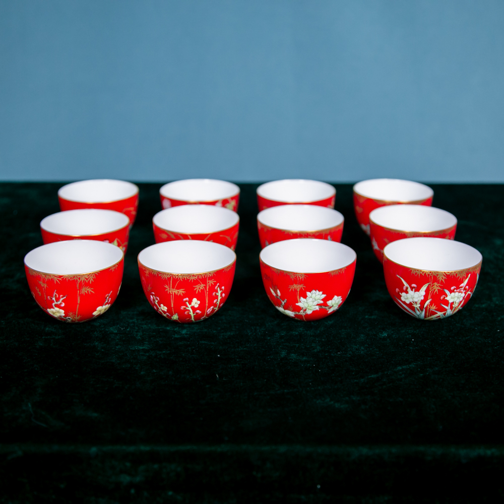 红地粉彩十二花卉赏杯FC-300