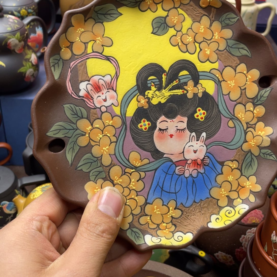 清***浅红泥茶杯紫砂壶承