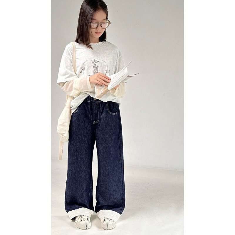 女童春秋装牛仔裤2025新款女宝宝蕾丝拼接阔腿裤时尚长裤百搭1370