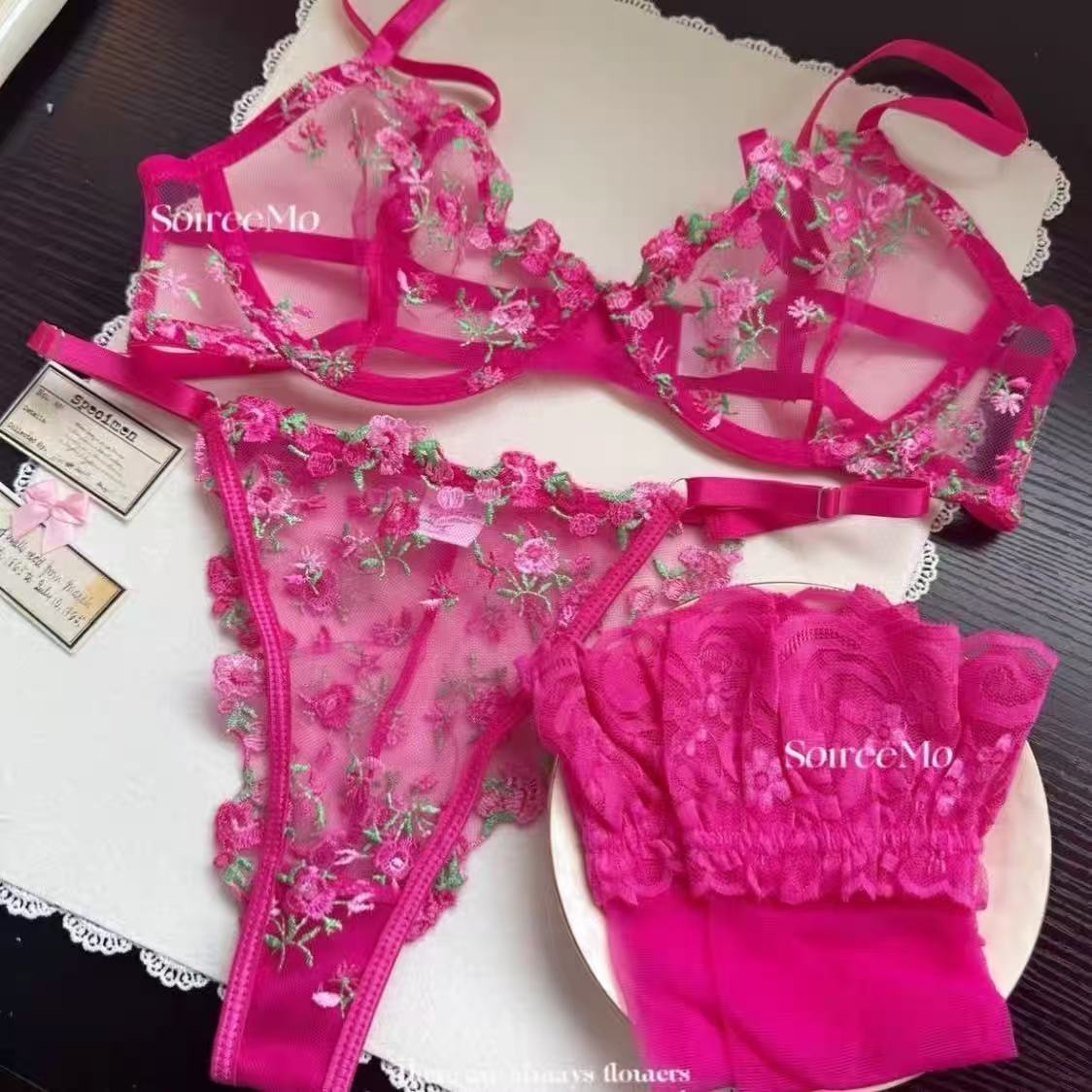 3/4薄款舒适文胸套装性感女性内衣薄刺绣款大胸显小硬钢圈法式