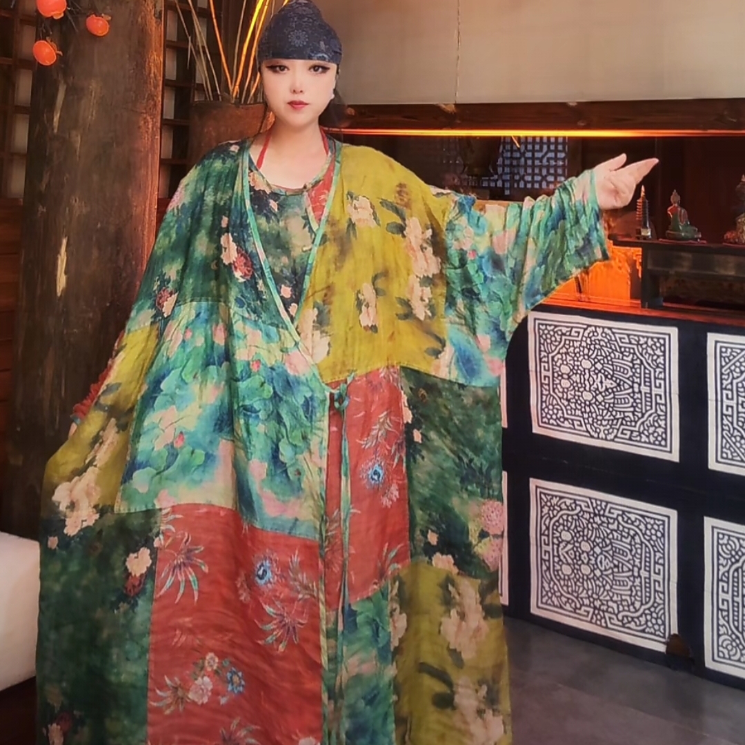 東森家设计师新款中国风苎麻拼接开衫