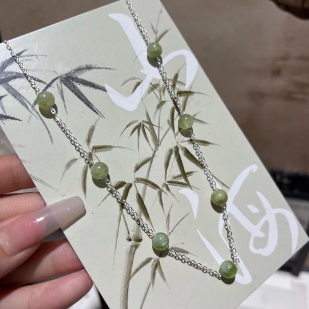 【月月家】I026天然岫玉 原创青提奶盖满天星项链8-9mm多样性发其一