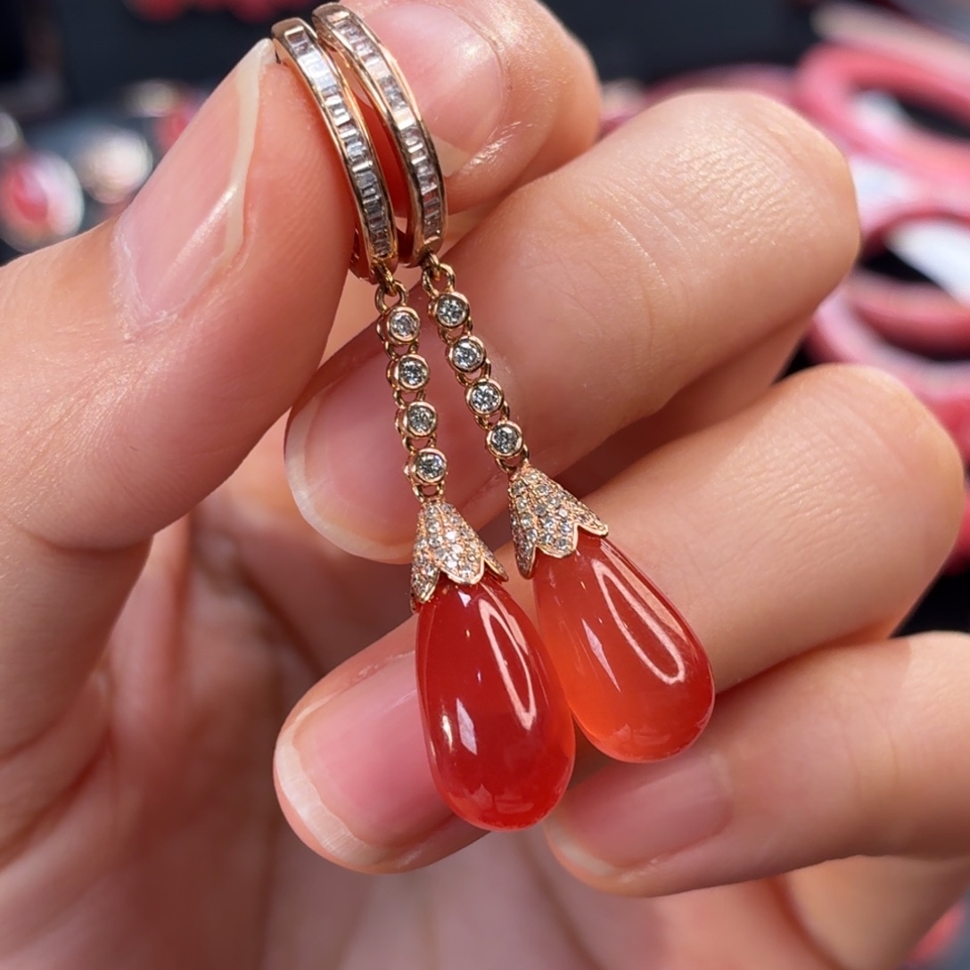 菱锰矿（红纹石）18K金镶嵌耳坠