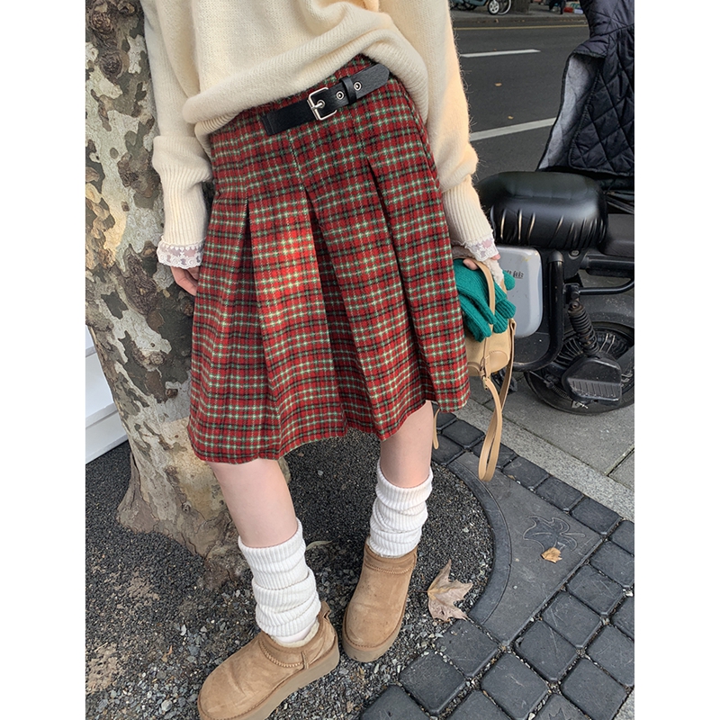 自制学院风红色格子半身裙圣诞穿搭百褶裙高腰A字中裙