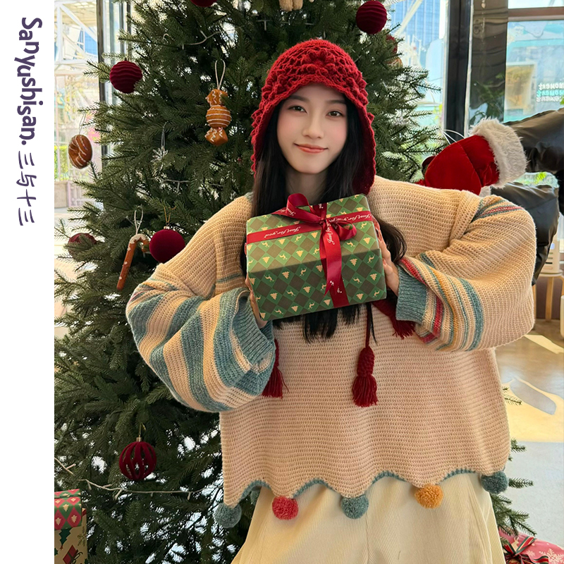 三与十三|彩球撞色|秋季新款圆领显瘦百搭撞色拼接彩球秋冬毛衣