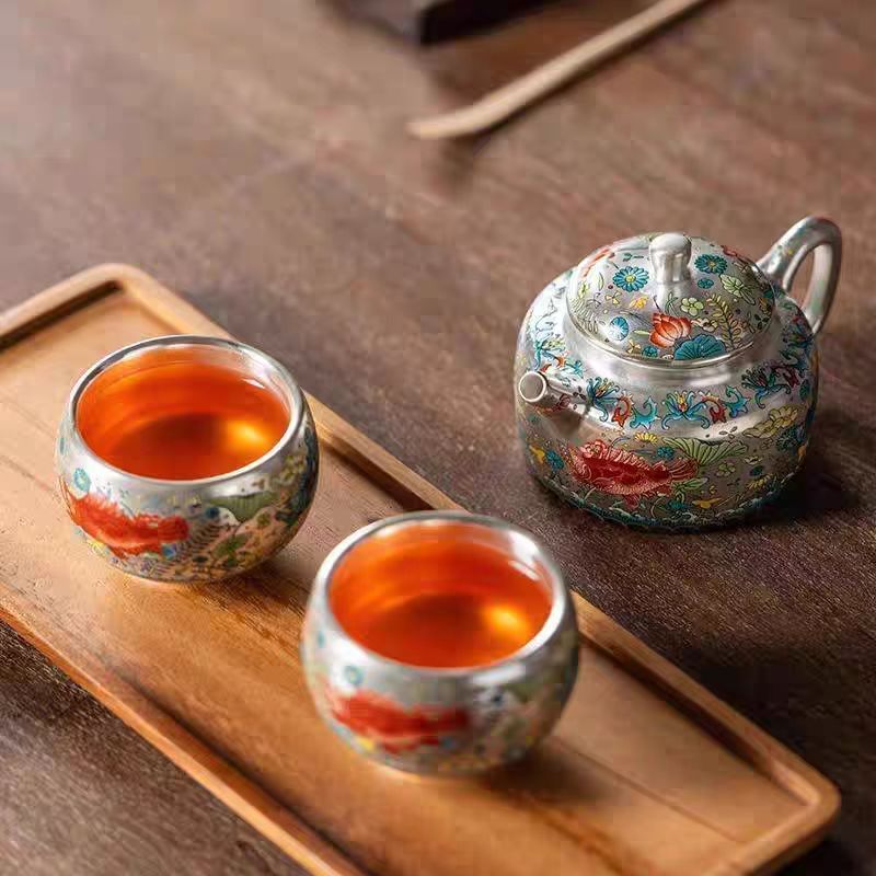 龙窑茶器【新鱼藻纹 】德钟壶-周鸿杰+2 杯+礼盒+盘  008（D）