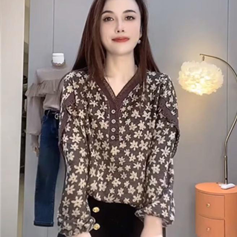 【双面德绒】时尚气质洋气碎花减龄宽松显瘦百搭印花复古长袖上衣潮