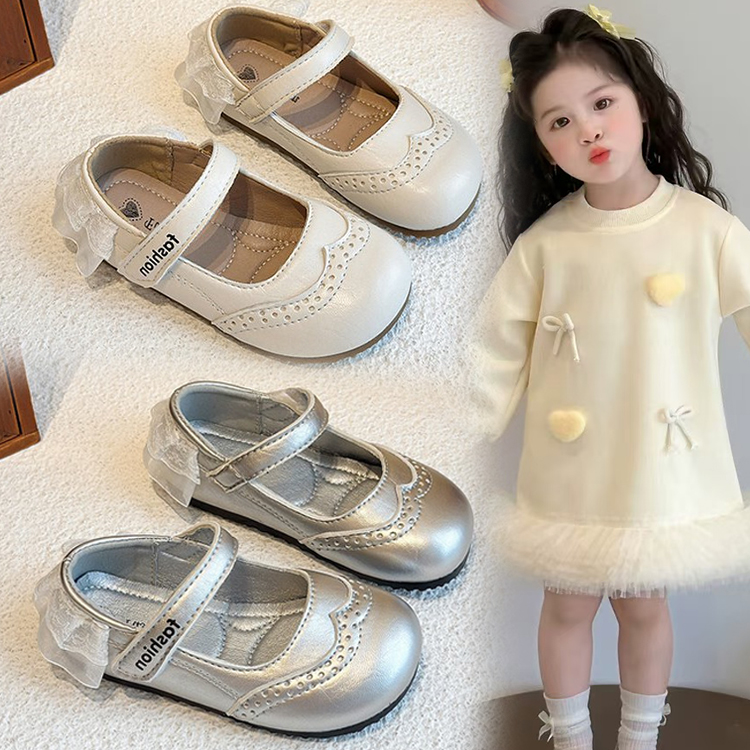 女童皮鞋银色公主鞋2025春秋季新品宝宝鞋儿童豆豆鞋魔术贴女孩鞋