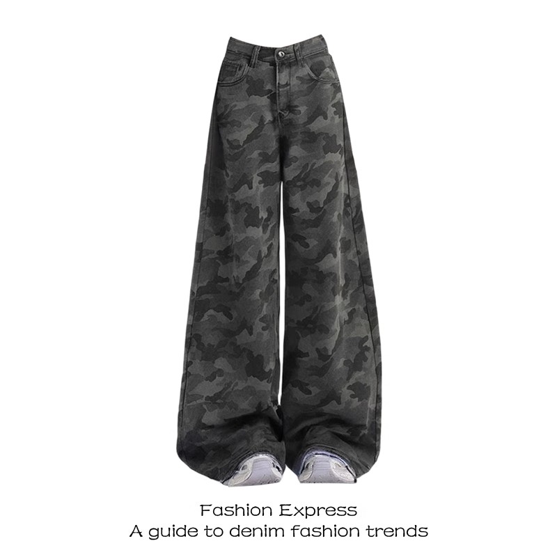 美式高街复古迷彩工装牛仔裤子2025新款今年流行爆款直筒阔腿裤女