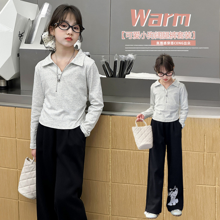 女童长袖t恤春秋2025新款女大童纯色polo领上衣儿童韩范春装