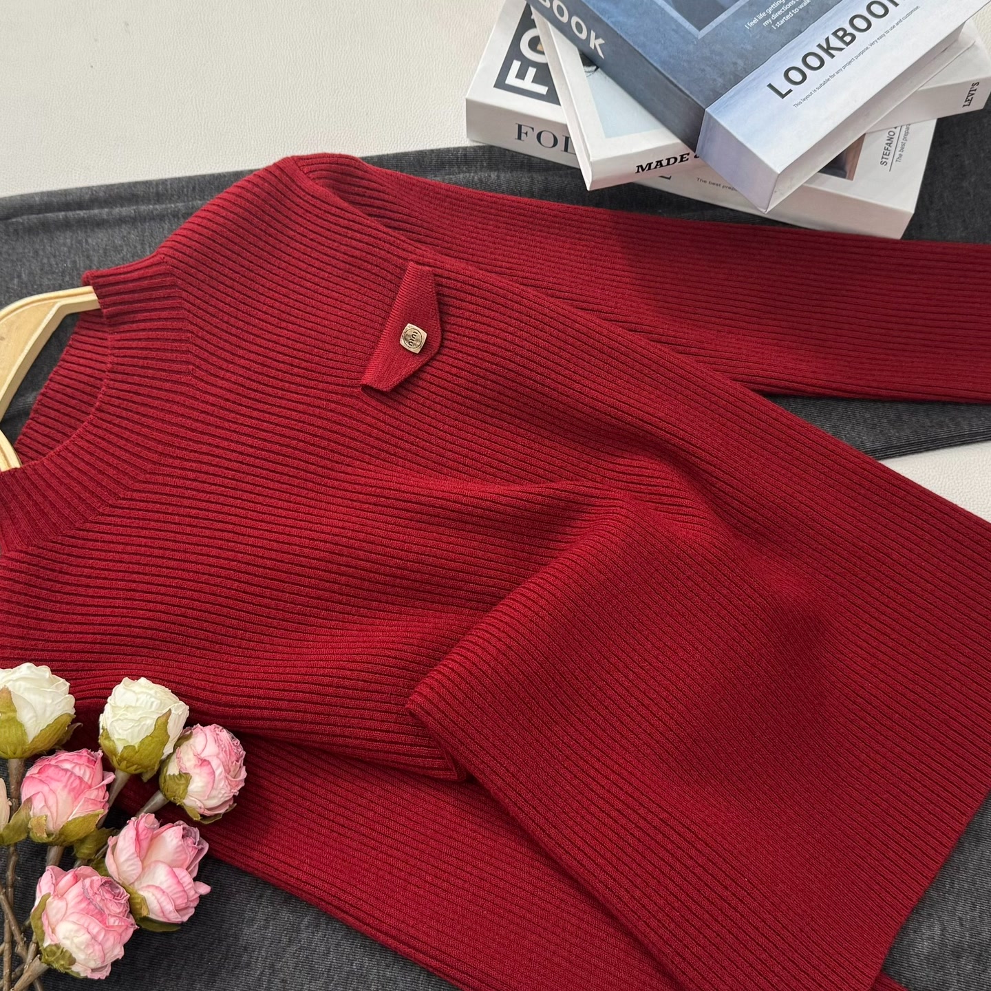 【红色马蹄袖套头】早秋新款时尚长袖针织上衣QC5657