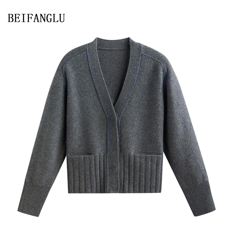 北方鹿 秋冬法式气质减龄别致显瘦V领针织开衫百搭休闲女士6903