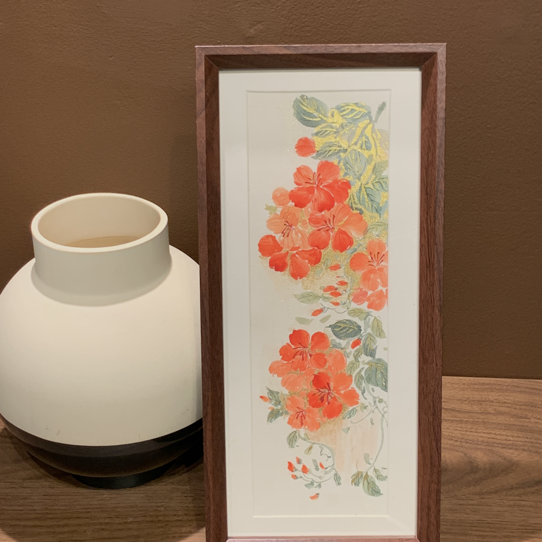 凌霄花手绘 国画作品 文艺书法短长条款摆台高级感简约桌面摆件
