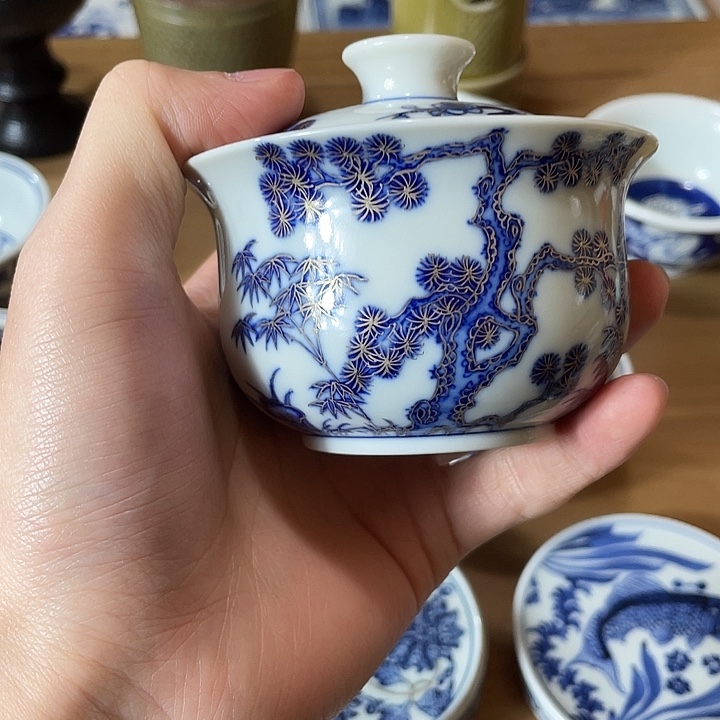 描银松竹梅盖碗一个