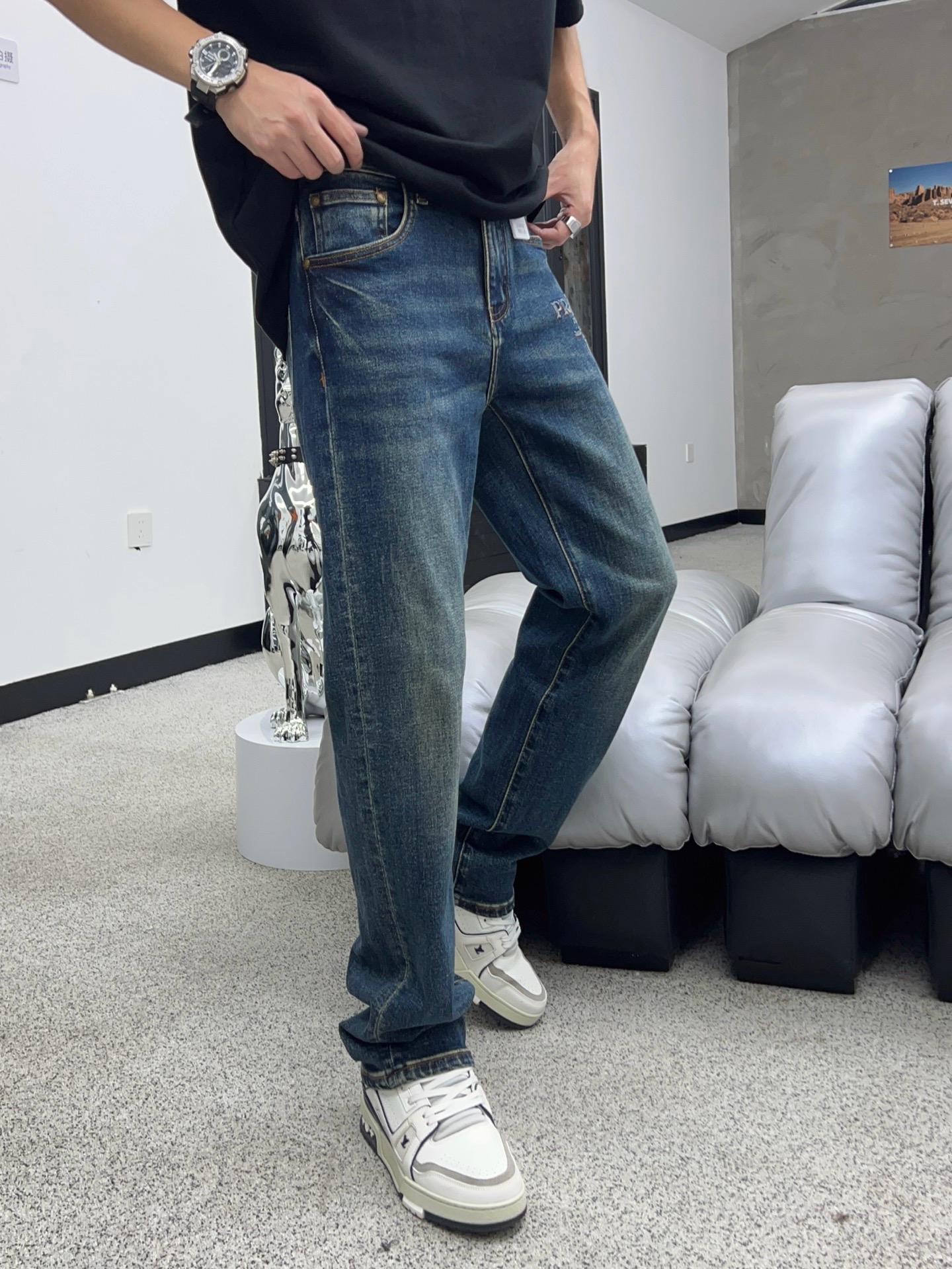88208A-早秋防褪色水洗复古蓝百搭男士牛仔裤做旧美式高街