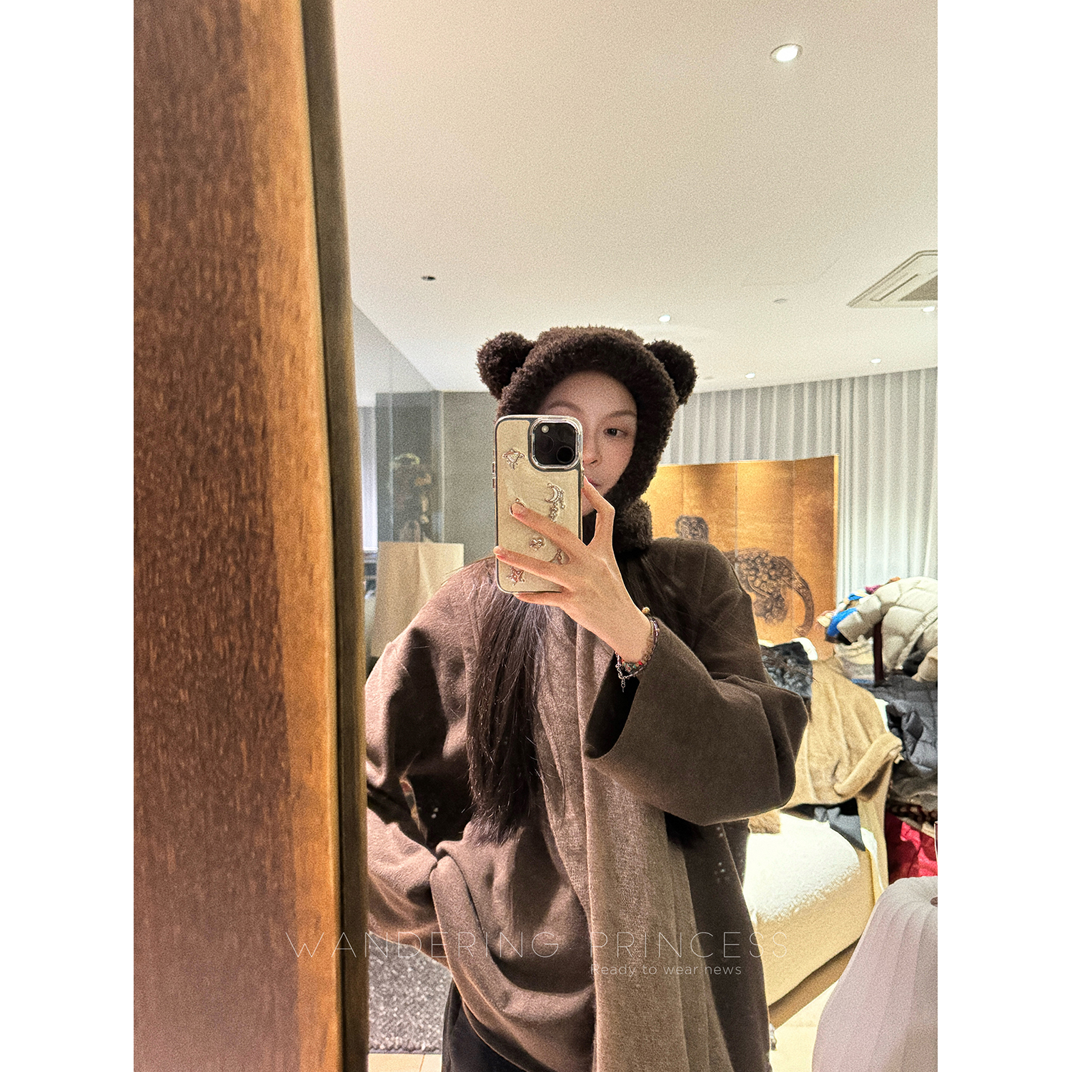 钱美西 可爱小熊毛毛帽子女冬保暖防寒护耳显脸小套头帽