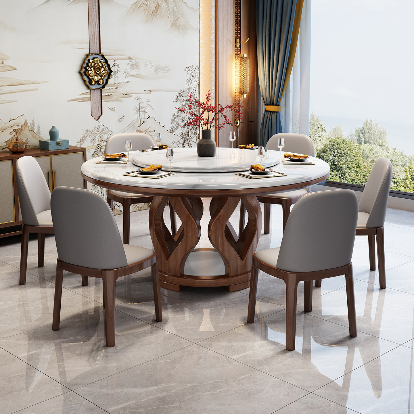 微晶石实木餐桌大圆桌带转盘现代简约大理石家用客厅新款吃饭桌