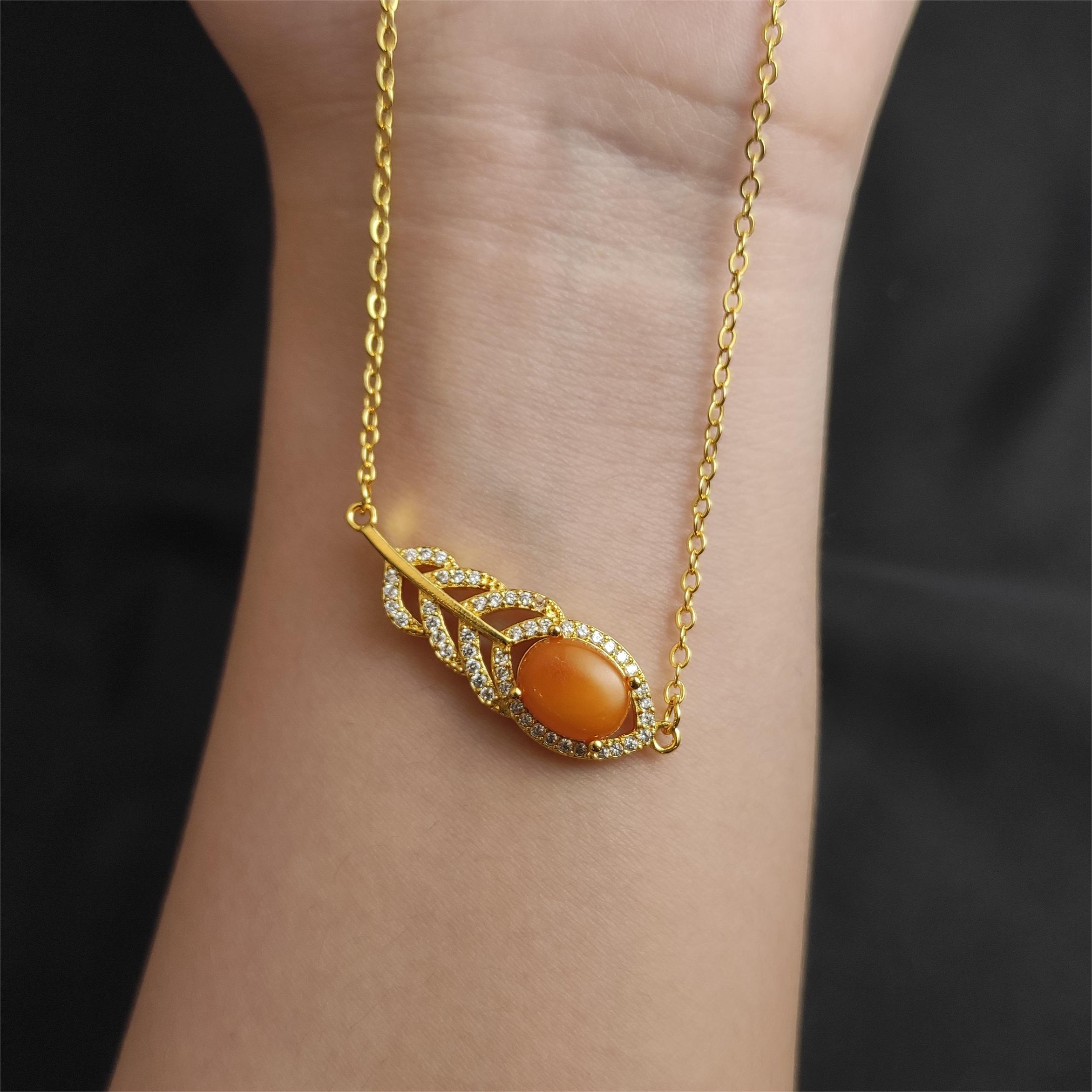 蜜蜡蛋面羽毛吊坠C01-75赠链礼盒(多样性发货)