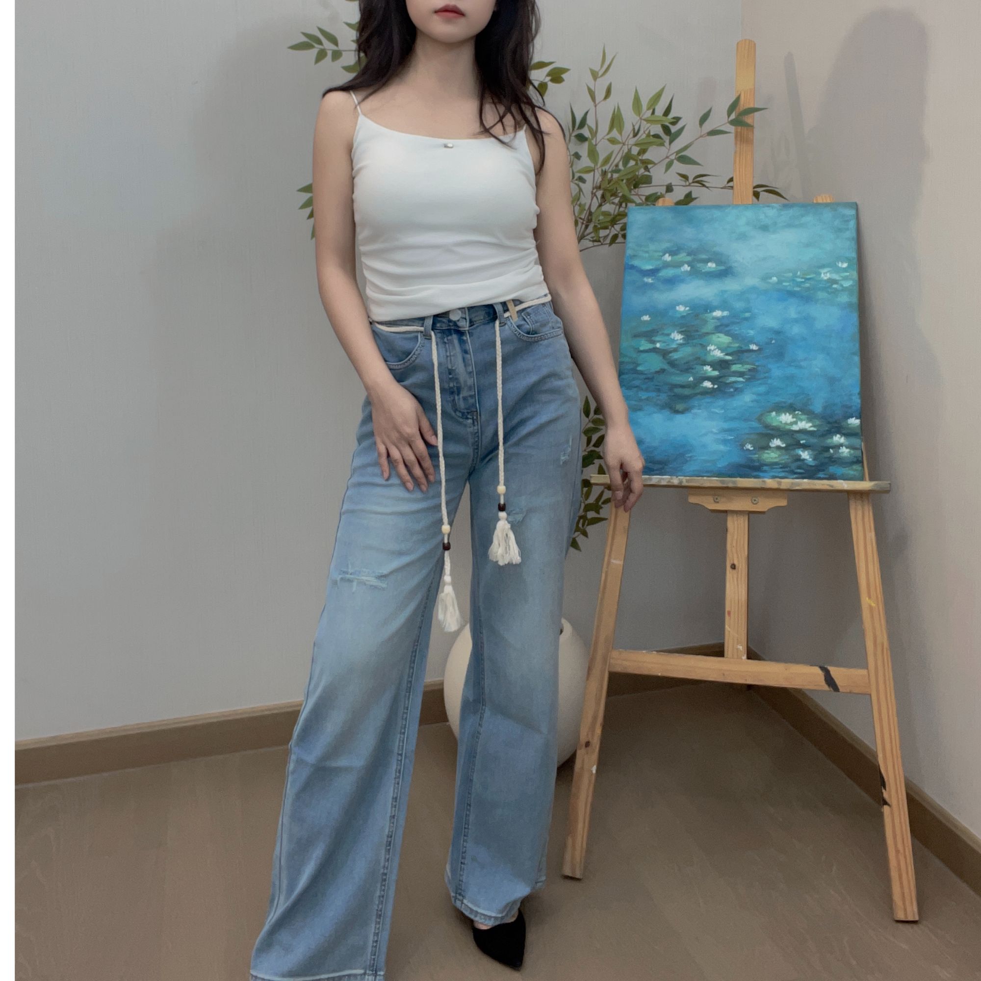 褶皱破洞长裤微弹直筒裤夏季牛仔裤直筒女装清冷新款百搭显瘦