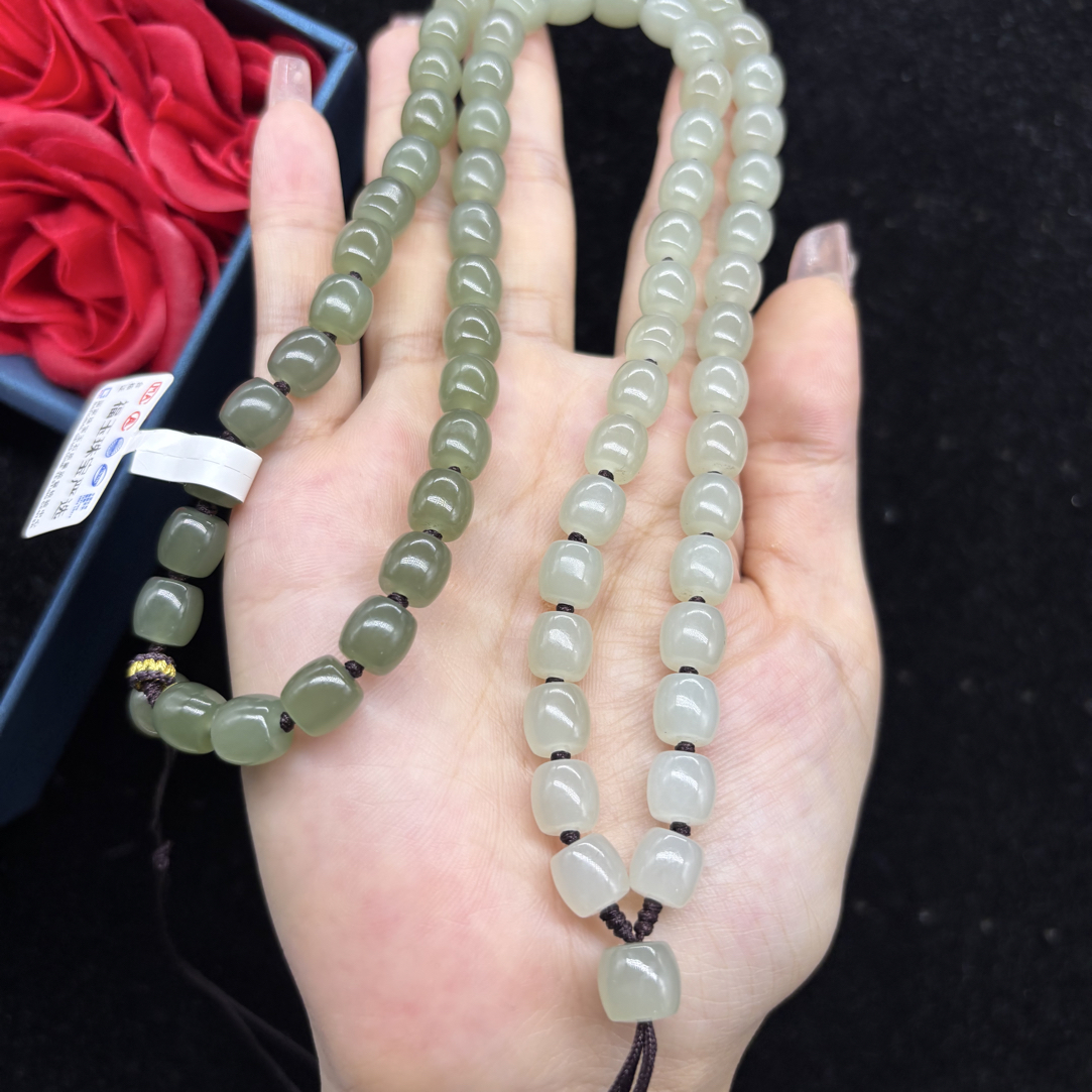 保真天然和田玉渐变湖水绿直切桶珠8mm玉石挂件绳项链毛衣链长链