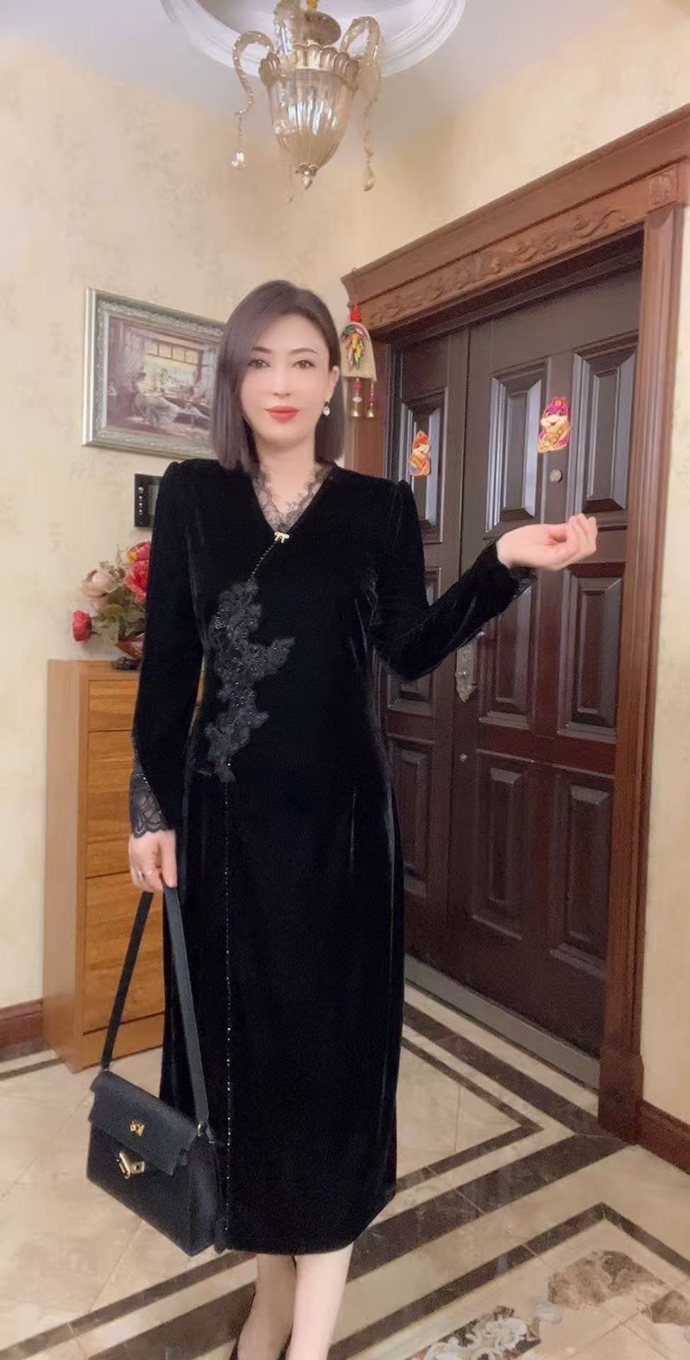 FENGJIE 2025新款丝绒中式气质收腰显瘦长款连衣裙63031